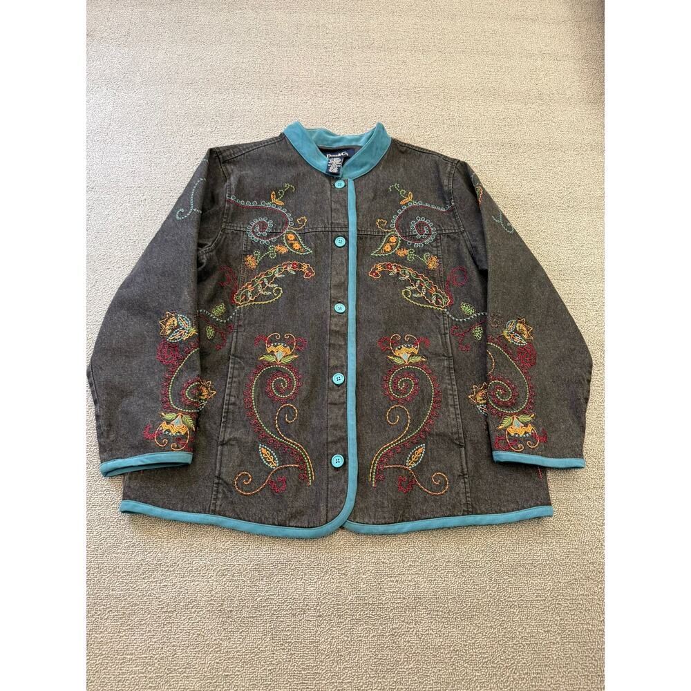 DENIM&CO Women's Large Charcoal Embroidered‎ Denim Jacket